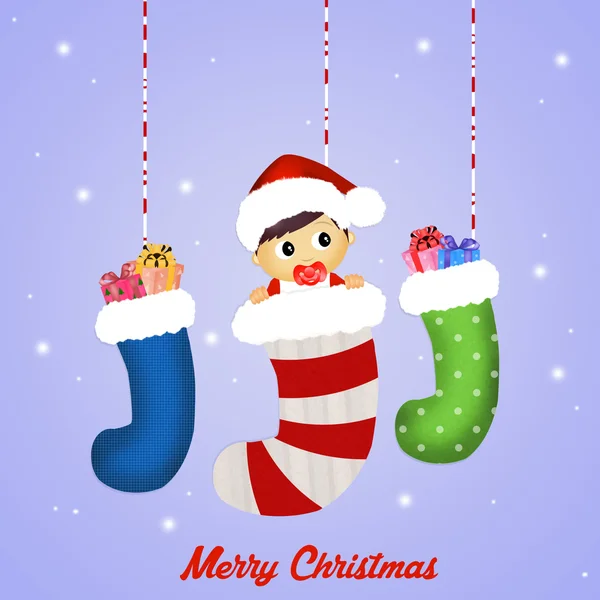 Baby in Christmas socks — Stock Photo, Image