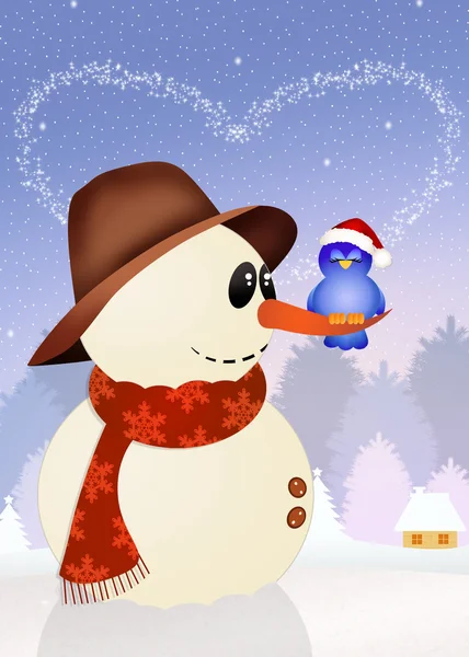 Bird on snowman — Stock Photo, Image