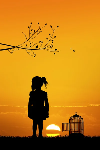 Girl with bird cage at sunset — Stock Photo, Image