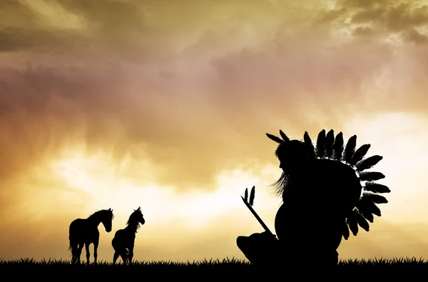 Native american indian bij zonsondergang — Stockfoto