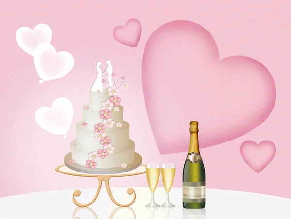 Bröllopstårta, vin och glasögon — Stockfoto