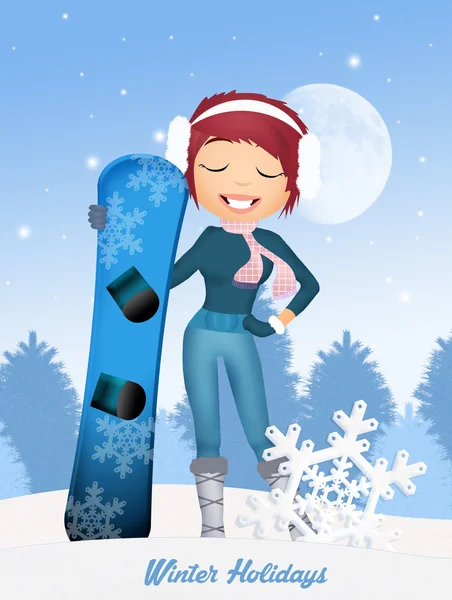 Девушка с сноубордом зимой — стоковое фото