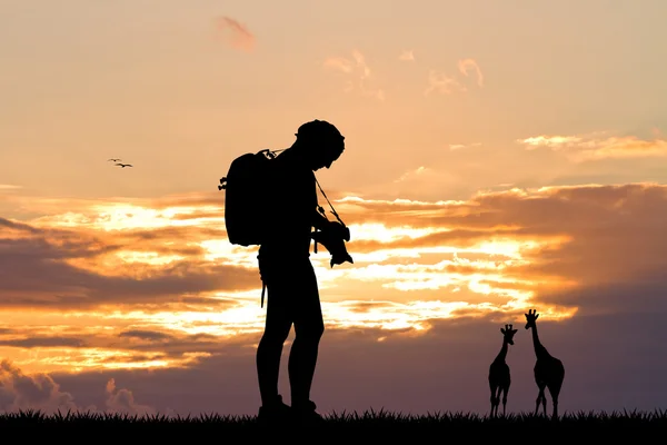 Meisje fotograaf bij zonsondergang — Stockfoto