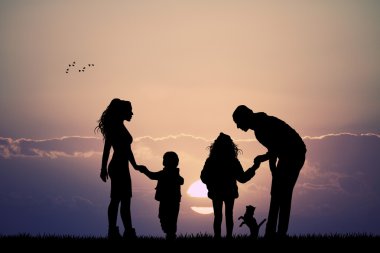 mutlu aile ile köpek vasıl günbatımı