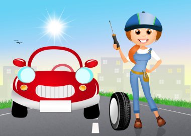 Kız lastik değişen makine