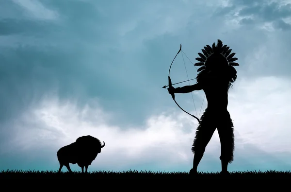 Red skin hunter and buffalo at sunset — Stock Photo, Image