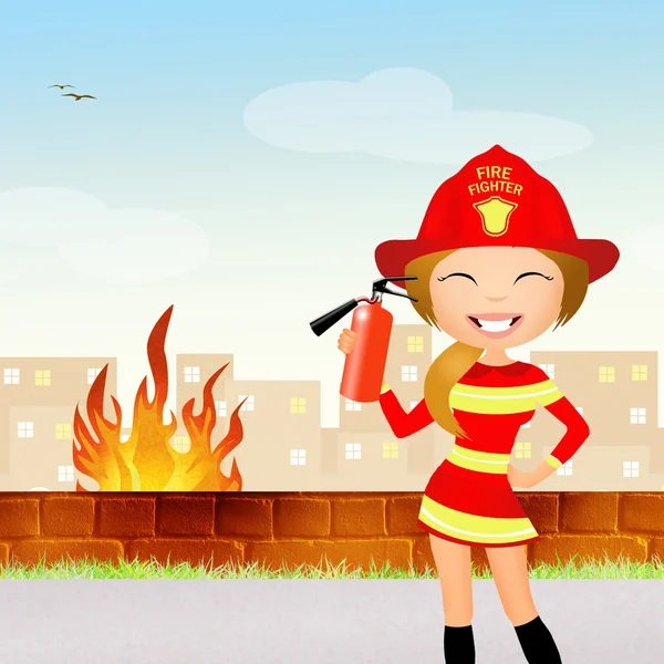 Kız itfaiye yangın söndürücü ile — Stok fotoğraf