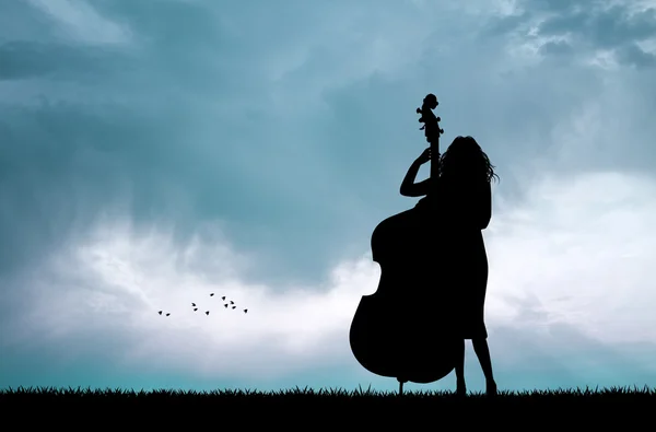 Mulher tocando violoncelo ao pôr do sol — Fotografia de Stock