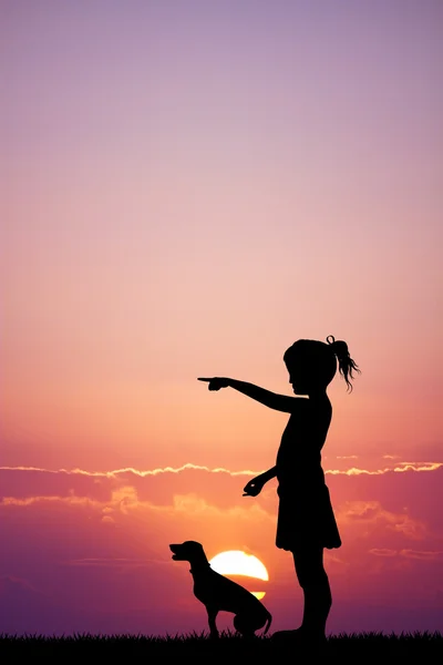 Girl with dog at sunset — Stock Photo, Image