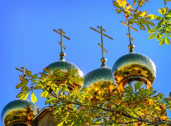 Den gyllene kupolen på den ryska träkyrkan — Stockfoto