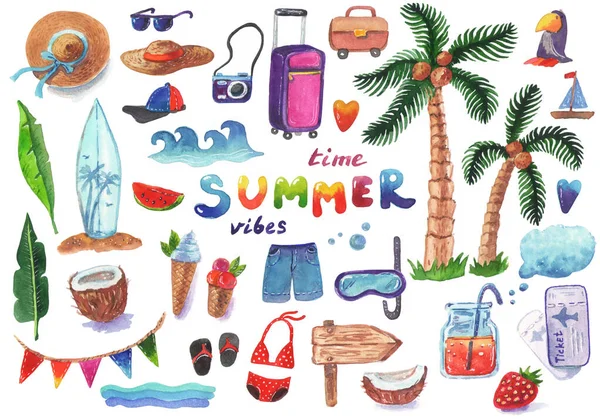 Watercolor clipart summer vibes set with lettering summer time