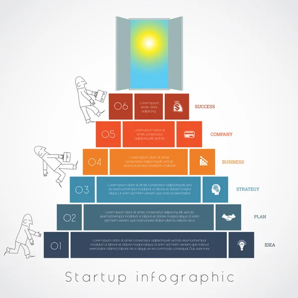 Інфографіка бізнесмен піднімає сходи шаблон 6 позицій — стоковий вектор