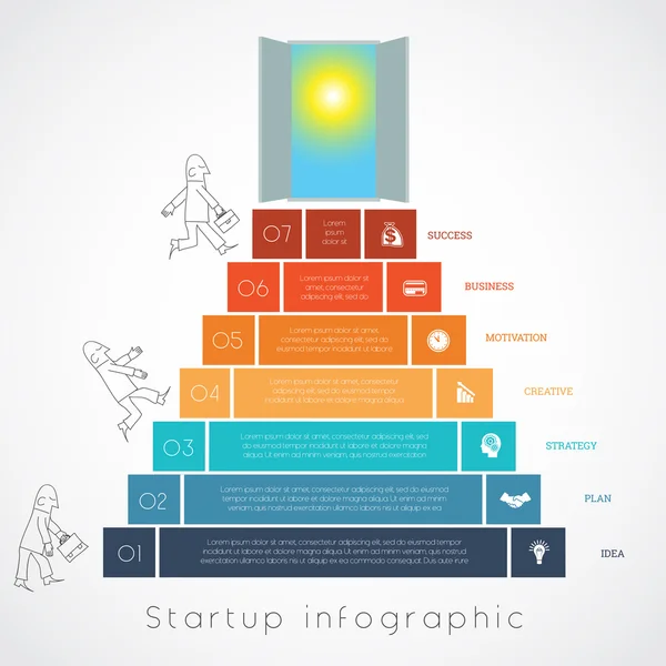 Infographics businessman steps up ladders template 7 positions — Stock Vector