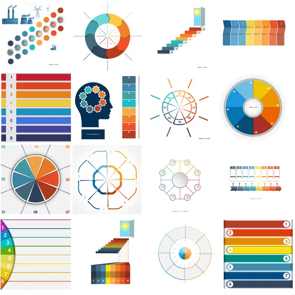 16 genummerde sjablonen instellen voor Infographics, tekst gebied 8 posities — Stockvector