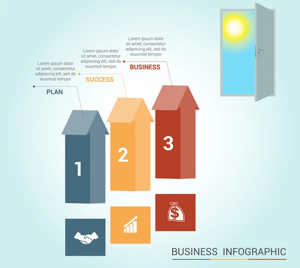 Vorlage Infografik, farbige Pfeile und Tür, 3 Positionen — Stockvektor