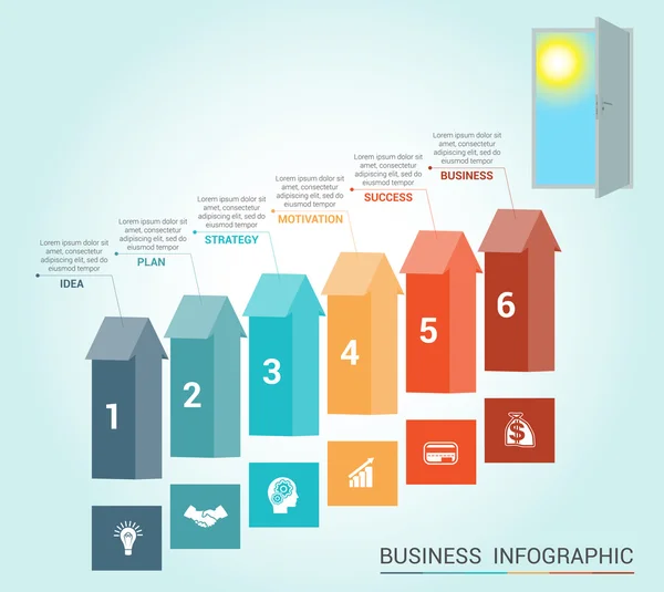Vorlage Infografik, farbige Pfeile und Tür, 6 Positionen — Stockvektor