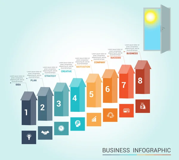 Vorlage Infografik, farbige Pfeile und Tür, 8 Positionen — Stockvektor