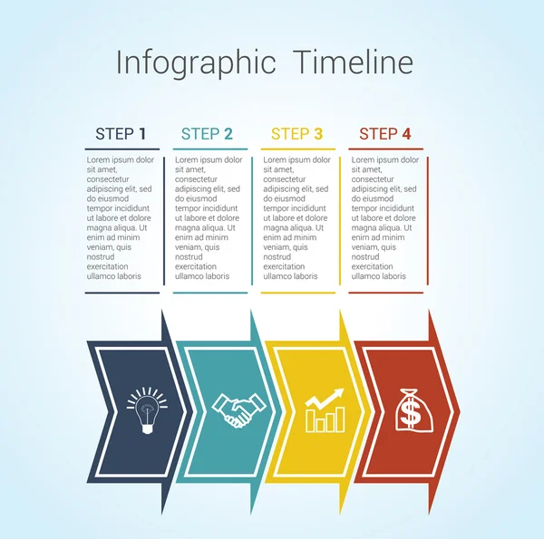 Timeline Infographic gekleurde horizontale pijlen genummerd voor vier — Stockvector