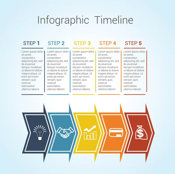 Linha do tempo Infográfico setas horizontais coloridas numeradas para cinco — Vetor de Stock