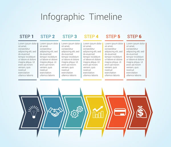 Timeline Infographic gekleurde horizontale pijlen genummerd voor zes — Stockvector