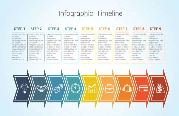 Linha do tempo Infográfico setas horizontais coloridas numeradas para nove — Vetor de Stock