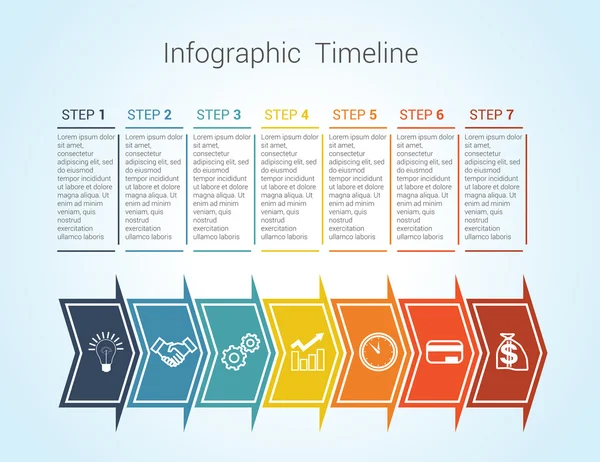 Timeline Infographic gekleurde horizontale pijlen genummerd voor seve — Stockvector