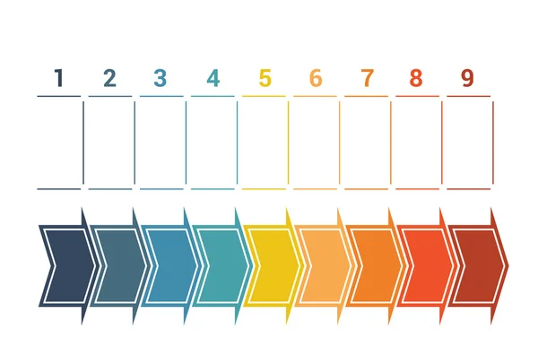 Línea de tiempo con flechas horizontales de color numeradas para nueve positi — Foto de Stock