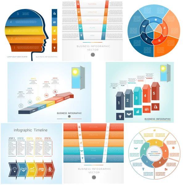 Conjunto de infografías 8 plantillas, diagrama con cinco pasos . — Vector de stock