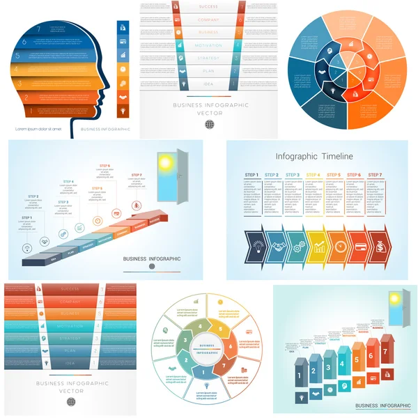 Infographies ensemble 8 modèles, diagramme avec sept étapes — Image vectorielle