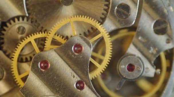 Metal cogwheels inside clockwork. — Stock Video