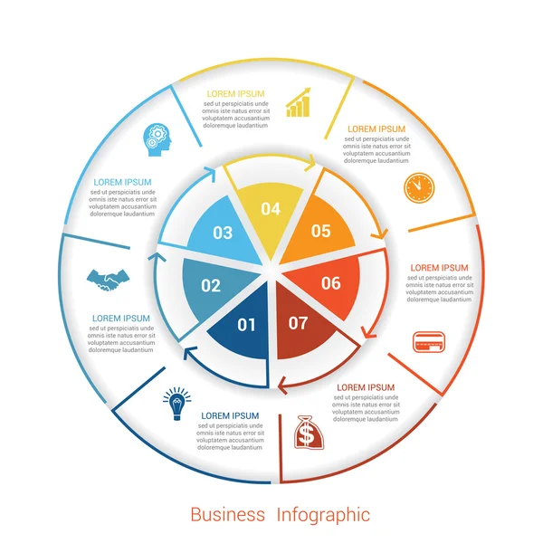 Modèle infographique forme à sept positions de pièces de cercle — Image vectorielle