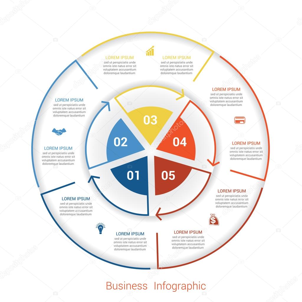 Template infographic five position, steps, parts, with text area, vector illustration colourful in the form of circle parts. Business pie chart diagram data.