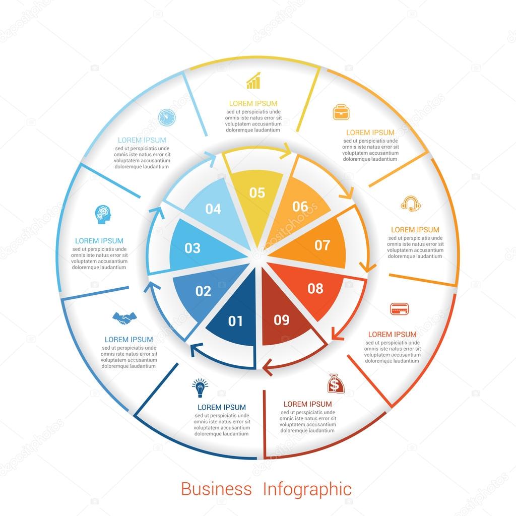 Template infographic nine position, steps, parts, with text area, vector illustration colourful in the form of circle parts. Business pie chart diagram data.