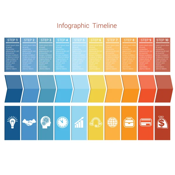 Sjabloon Timeline Infographic gekleurde pijlen genummerd voor tien po — Stockvector