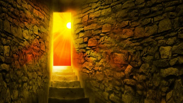 Christ is risen. Exit from the cave, stairs up, bright sun with rays. Biblical story concept. Easter