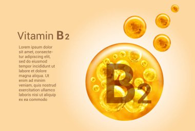 B2 vitamini. İçinde oksijen kabarcıkları olan altın topların vektör görüntüleri olan baner. Sağlık kavramı.