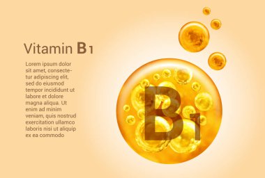 B1 vitamini. İçinde oksijen kabarcıkları olan altın topların vektör görüntüleri olan baner. Sağlık kavramı.