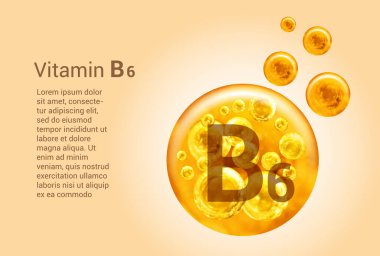 B6 vitamini. İçinde oksijen kabarcıkları olan altın topların vektör görüntüleri olan baner. Sağlık kavramı.