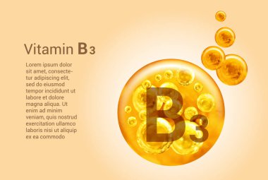 B3 vitamini. İçinde oksijen kabarcıkları olan altın topların vektör görüntüleri olan baner. Sağlık kavramı.