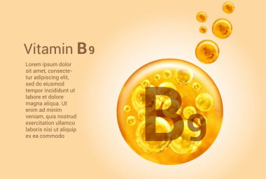 B9 vitamini. İçinde oksijen kabarcıkları olan altın topların vektör görüntüleri olan baner. Sağlık kavramı.