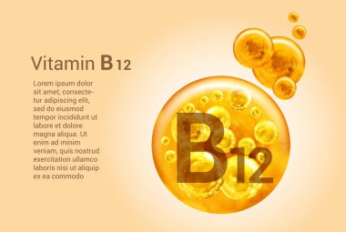 B12 vitamini. İçinde oksijen kabarcıkları olan altın topların vektör görüntüleri olan baner. Sağlık kavramı. 