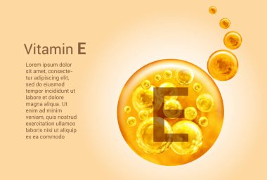 E vitamini baner. Oksijen baloncuklu altın topların vektör görüntüleri. Sağlık kavramı.