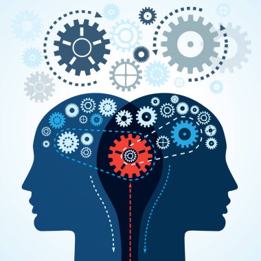 İletişim konsepti. Vitesli iki insan kafası. İnsan beyni işlevsel konsept. Düşünce sürecinin benzersizliği ve karmaşıklığı..