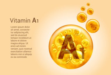 A1 vitamini. İçinde oksijen kabarcıkları olan altın topların vektör görüntüleri olan baner. Sağlık kavramı. 