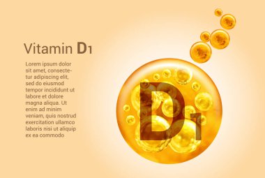 D1 vitamini. İçinde oksijen kabarcıkları olan altın topların vektör görüntüleri olan baner. Sağlık kavramı. 