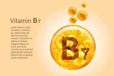 B7 vitamini. İçinde oksijen kabarcıkları olan altın topların vektör görüntüleri olan baner. Sağlık kavramı. 