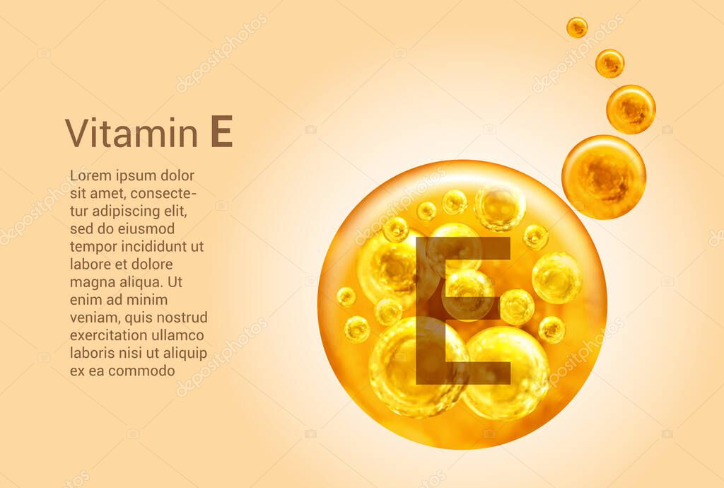 Vitamin E. Baner with vector images of golden balls with oxygen bubbles. Health concept.
