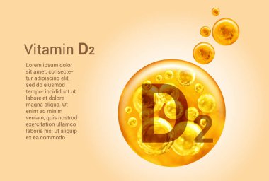 D2 vitamini. İçinde oksijen kabarcıkları olan altın topların vektör görüntüleri olan baner. Sağlık kavramı.