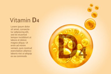D4 vitamini. İçinde oksijen kabarcıkları olan altın topların vektör görüntüleri olan baner. Sağlık kavramı.