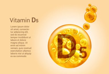 D5 vitamini. İçinde oksijen kabarcıkları olan altın topların vektör görüntüleri olan baner. Sağlık kavramı.
